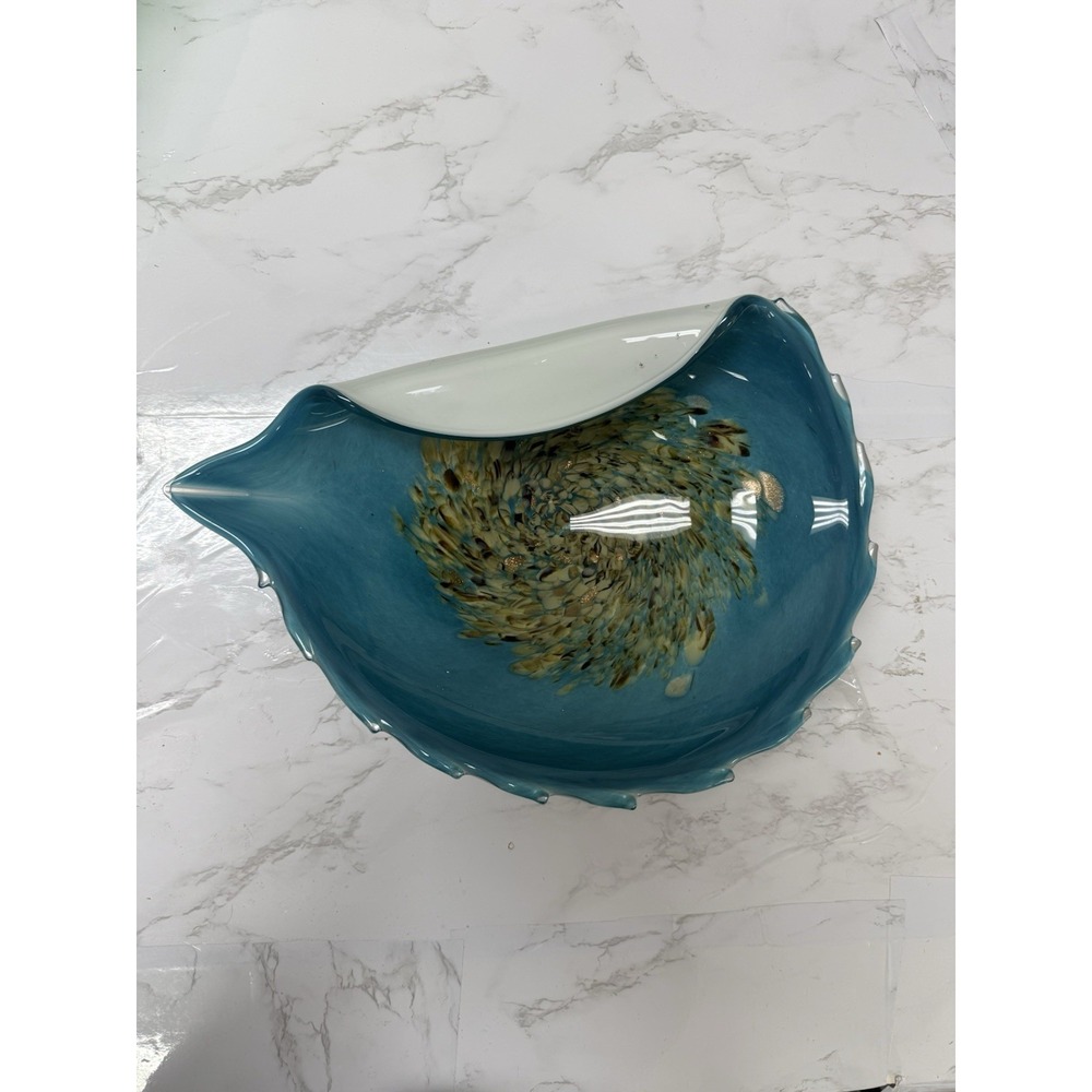 Large Fused Glass Wave Bowl Teal blue Aqua Rim Feather Swirl Gold Flecks